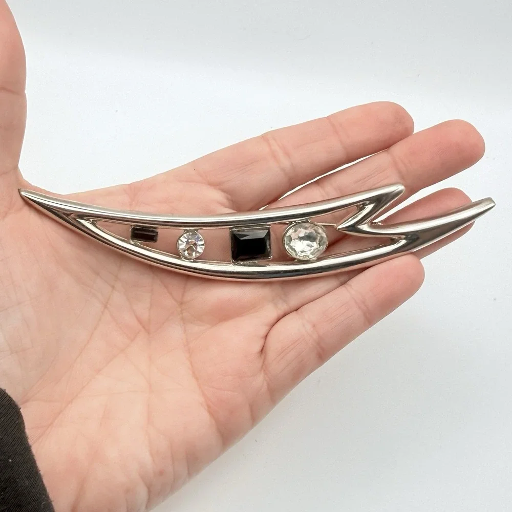 Large Modernist Bar Brooch Silver Tone Black Clear Rhinestone 5.25